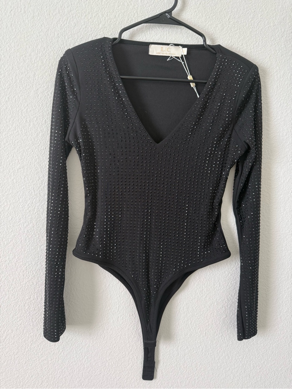 Black Rhinestone V-Neck Long Sleeve Bodysuit